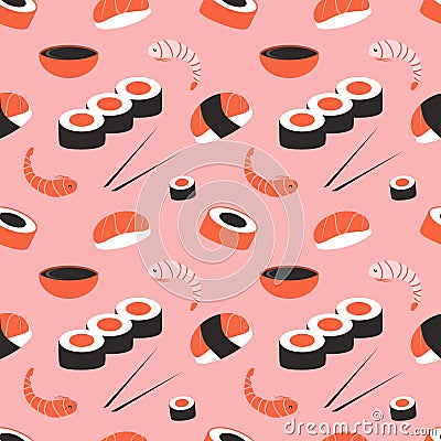 Cute seamless pattern with sushi, rolls and shrimps on a pink background. Vector Illustration